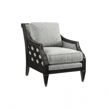 A traditional or transitional style accent chair featuring a dark-stained solid wood frame with intricate geometric fretwork side panels. The chair has upholstered seat and back cushions covered in a light grey fabric with a subtle, tightly woven geometric pattern. The armrests are smoothly curved, and the legs are tapered and slightly splayed at the back, giving it an elegant and sturdy appearance suitable for formal or decorative settings. — 3D model (AI enhanced source)