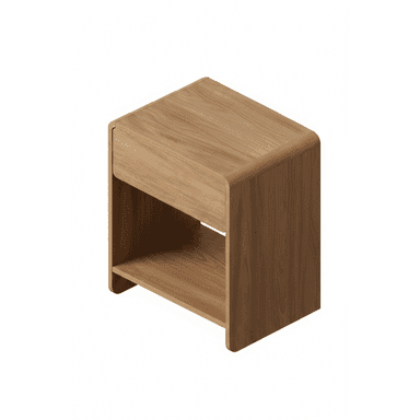 A minimalist wooden nightstand featuring a single drawer at the top and an open lower shelf, characterized by softly rounded corners and a natural wood finish. — 3D model (AI enhanced source)