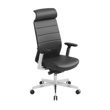 A high-back executive office chair upholstered in black faux leather, featuring an integrated headrest, padded armrests, and a polished silver five-star base with casters. The seat and backrest have horizontal channel stitching. — 3D model (AI enhanced source)