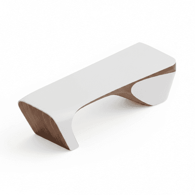 A sleek, modern bench featuring a rectangular white seating surface that seamlessly transitions into a sculptural base. The base is crafted from a contrasting rich brown wood veneer, creating an organic, curved form that flows from the underside of the seat to the floor. The white surface appears to be a solid, smooth material, possibly a lacquered finish or laminate, while the wooden elements are visible on the underside and sides, emphasizing the bench's curvilinear design. — 3D model (AI enhanced source)