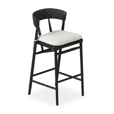 A modern bar stool with a black wooden frame and a woven backrest. It features a lightly upholstered, square seat cushion in a neutral tone. The stool has four legs connected by crossbars for stability. A white string is tied to one of the front legs. — 3D model (AI enhanced source)
