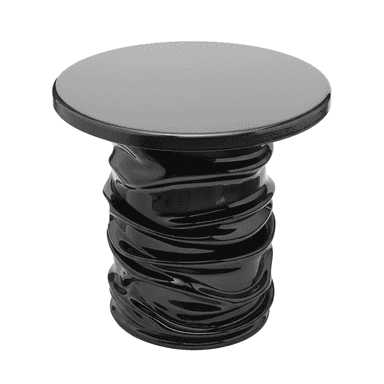 A contemporary accent table featuring a round, flat top and a distinctively sculptural, wavy base, all rendered in a high-gloss black finish. — 3D model (AI enhanced source)