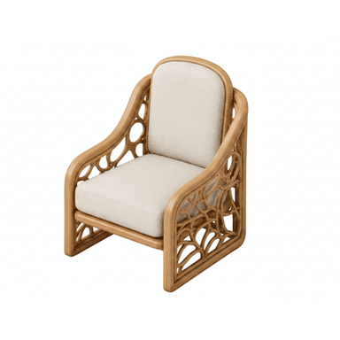 An accent armchair featuring a bent rattan frame with intricate, decorative cut-out patterns on the side and back panels. The chair is fitted with two removable upholstered cushions, one for the seat and one for the backrest, both in an off-white or cream fabric. The rattan has a natural, light brown finish, and the overall design suggests a bohemian or tropical aesthetic. The frame provides support and forms integrated armrests. — 3D model (AI enhanced source)