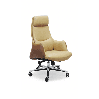 A modern executive office chair featuring a high back, upholstered in two-tone beige and brown leather, with padded armrests and a chrome five-star base with caster wheels. — 3D model (AI enhanced source)