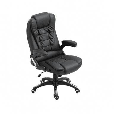 A black high-back ergonomic executive office chair, featuring plush faux leather upholstery with a distinctive tufted pattern on the backrest and seat. It includes padded armrests, a swivel mechanism, and a five-star base with casters for mobility. Adjustment levers are visible beneath the seat for height and tilt control. — 3D model (AI enhanced source)