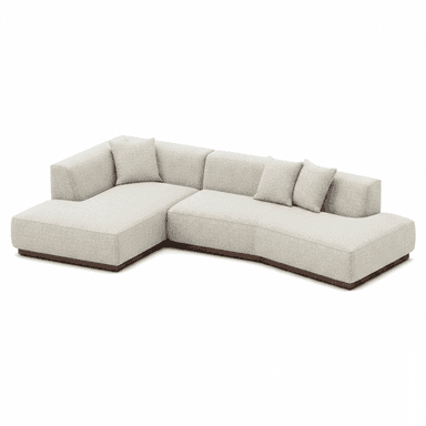 An L-shaped sectional sofa featuring a modular design with light beige textured fabric upholstery and a dark wood plinth base. The configuration includes a left-arm section, a central armless section, and a right-facing chaise lounge with a gentle curve. It is furnished with matching loose back cushions. — 3D model (AI enhanced source)