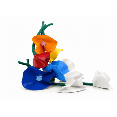 An abstract decorative sculpture featuring multiple stylized floral forms in vibrant primary and secondary colors, arranged with green, winding stem-like elements. The 'flowers' are in various stages of bloom or form, exhibiting curved, organic shapes with a glossy finish on their exterior surfaces, and some have a contrasting light-colored center. The overall composition suggests a bouquet or cluster of imaginative botanical elements. — 3D model (AI enhanced source)