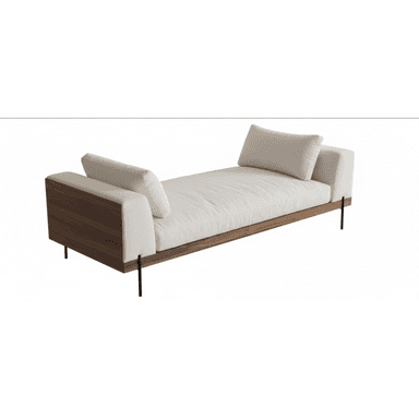 A modern daybed featuring a rectangular frame constructed from dark walnut wood, supporting a plush, off-white upholstered mattress. It includes two loose, rectangular armrest cushions and one loose rectangular backrest cushion, all in matching off-white fabric. The entire structure is elevated by four slender, black cylindrical metal legs. — 3D model (AI enhanced source)
