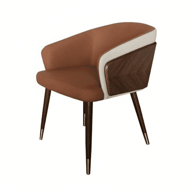 A contemporary armchair featuring a gently curved, upholstered silhouette. The main body of the chair, including the seat, backrest, and integrated armrests, is covered in a warm brown or tan fabric or leather. A lighter, cream-colored fabric or piping outlines the backrest and armrests, providing a subtle contrast. The most distinctive feature is the outer back panel, which is made of dark wood veneer arranged in a prominent chevron pattern. The chair is supported by four slender, tapered wooden legs finished with elegant brass or gold-toned caps at their feet. — 3D model (AI enhanced source)