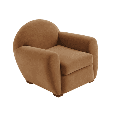 A contemporary armchair with a rounded back and integrated armrests. The seat cushion is square and appears plush. The chair is supported by short, dark wooden block feet. — 3D model (AI enhanced source)