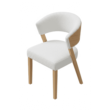 An upright dining chair featuring a curved backrest and integrated armrests, upholstered in white boucle fabric. The back of the chair has a prominent exposed light-toned wooden shell that forms the exterior of the curve and extends down to become the rear legs. The seat is also upholstered in the same white boucle fabric. Four tapered, cylindrical legs, matching the exposed wood of the back, support the chair. — 3D model (AI enhanced source)