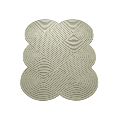 An overhead shot of a light sage green rug featuring an intricate, continuous braided design. The pattern consists of thick, cord-like strands forming elaborate interlocking loops and concentric curved lines, creating a textured surface and an organic, scalloped edge. — 3D model (AI enhanced source)