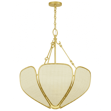 A contemporary chandelier featuring a gold-finished metal frame supporting multiple petal-shaped panels, each filled with a light-colored, textured fabric. The fixture is suspended by a decorative chain from a circular ceiling canopy. — 3D model (AI enhanced source)