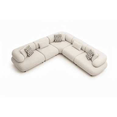 A cream-colored, modular sectional sofa with rounded edges and a low profile, arranged in an L-shape, accompanied by matching and patterned throw pillows. — 3D model (AI enhanced source)