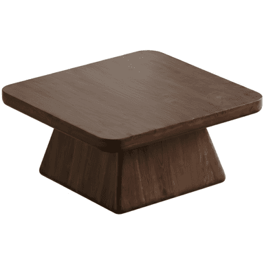 A square-shaped coffee table made of dark wood, featuring a thick tabletop with rounded corners and supported by a solid, tapered pedestal base. — 3D model (AI enhanced source)