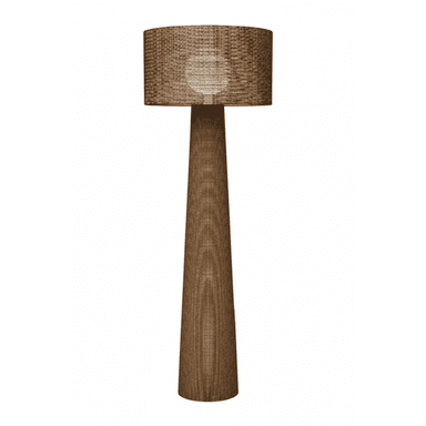 A tall floor lamp featuring a wide, conical base and a cylindrical drum shade, both entirely constructed from a natural woven material like rattan or wicker. — 3D model (AI enhanced source)