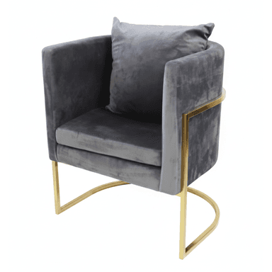A modern barrel-style armchair upholstered in grey velvet, featuring a sleek gold-finished metal sled base and a removable seat cushion. — 3D model (AI enhanced source)