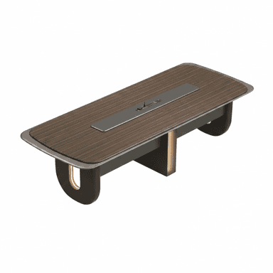 A sleek, modern conference table featuring a dark wood veneer top with rounded corners. The tabletop is bordered by a thin, dark gray metallic trim. A central, recessed metallic module runs lengthwise down the center of the table, likely for power and data connections. The table is supported by robust, U-shaped legs and block-like supports, all in a dark, possibly metallic, finish. Some legs incorporate bronze-colored accents or integrated lighting elements. — 3D model (AI enhanced source)