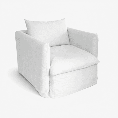 A white slipcovered armchair with a square silhouette. It features a single seat cushion and a back cushion, with generously sized armrests. The slipcover extends to the floor, creating a skirted base. The overall design appears casual and comfortable. — 3D model (AI enhanced source)