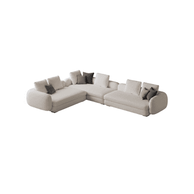 A large, modern L-shaped sectional sofa consisting of multiple modular units, upholstered in a textured, off-white bouclé fabric. The sofa features a low-profile design with subtly rounded edges on the armrests and base. It includes several square back cushions and a set of smaller, contrasting dark grey throw pillows for added comfort and style. The modular construction suggests flexibility in configuration. — 3D model (AI enhanced source)