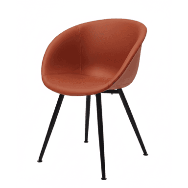 A modern bucket-style armchair featuring a curved, single-shell seat upholstered in a smooth, burnt orange or terracotta faux leather. The seat has integrated armrests and distinctive stitched seams on the back. It is supported by four slender, splayed black powder-coated metal legs. — 3D model (AI enhanced source)