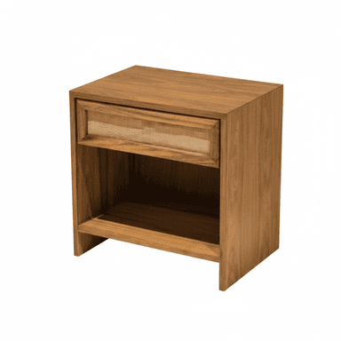A modern wooden nightstand featuring a single top drawer with a woven rattan or cane panel insert, positioned above an open storage cubby. The piece is crafted from medium-toned wood, showcasing a natural grain, and stands on a recessed plinth base. — 3D model (AI enhanced source)