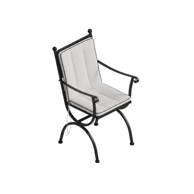 A black wrought iron outdoor armchair featuring a robust metal frame with curved legs and armrests, topped with comfortable white tufted cushions. The cushions have black piping, adding a refined contrast. The chair's design suggests durability and suitability for outdoor environments. — 3D model (AI enhanced source)