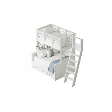 A white wooden full-over-twin bunk bed featuring a lower full-size bed and an upper twin-size bed. The top bunk is enclosed by decorative geometric-patterned railings. An integrated ladder provides access to the top bunk. The bottom bunk includes three functional drawers for storage underneath. The entire structure is finished in a clean white color. — 3D model (AI enhanced source)