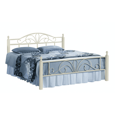 A traditional bed frame constructed from cream-colored metal, featuring intricate scrollwork designs on both the headboard and footboard. The frame includes four corner posts topped with finials. The bed is dressed with blue and gray patterned bedding and a light blue bed skirt. — 3D model (AI enhanced source)