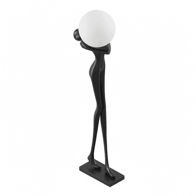 A contemporary floor lamp featuring a sculptural, stylized humanoid figure in black, holding a spherical white light diffuser. The slender figure stands on a flat, rectangular base. — 3D model (AI enhanced source)