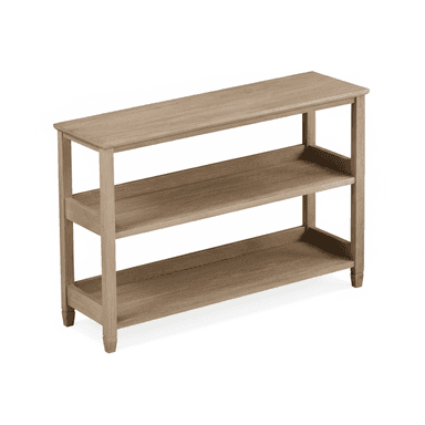 A light-colored wooden console table featuring a rectangular top surface and two additional lower shelves, supported by four straight legs with subtle tapering at the base. The wood displays a visible grain pattern, indicating a natural or light-stained finish. — 3D model (AI enhanced source)