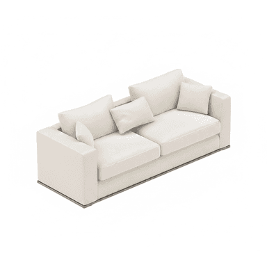 A modern two-seater sofa upholstered in light fabric, featuring a rectangular frame, square arms, loose seat and back cushions, and a recessed metal base. — 3D model (AI enhanced source)