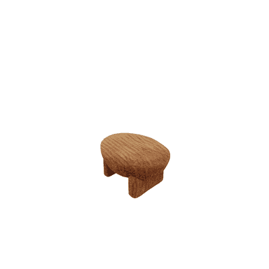 A small, low-profile wooden stool with an oval-shaped seat and two thick, curved leg supports. The entire piece is crafted from wood, displaying a prominent natural grain pattern across its surfaces. — 3D model (AI enhanced source)