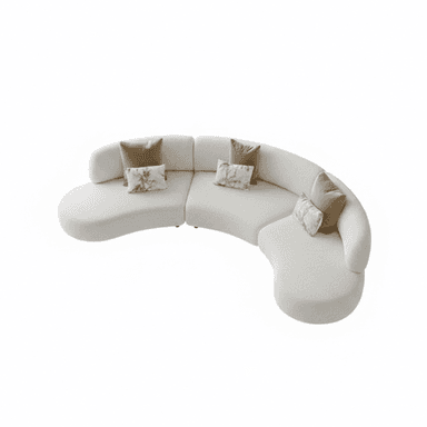 A large, contemporary curved sectional sofa upholstered in a light-colored boucle fabric. The sofa comprises multiple modular sections that create a continuous, flowing crescent shape, featuring a low profile and plush, armless seating. Several decorative throw pillows in muted tones accent the sofa. — 3D model (AI enhanced source)
