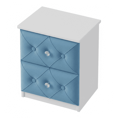 A compact two-drawer nightstand featuring a white frame and a white tabletop. The front of each drawer is upholstered in a diamond-tufted blue fabric, adorned with clear, faceted crystal-style knobs. The overall design suggests a contemporary or glam aesthetic. — 3D model (AI enhanced source)