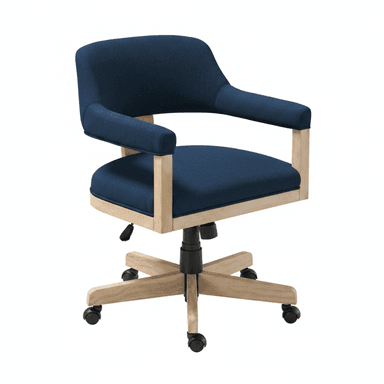 A contemporary office chair featuring deep blue woven fabric upholstery on a barrel-style seat and back, with integrated armrests. It is supported by a light natural wood five-star base with black casters and includes a black height-adjustable swivel mechanism. — 3D model (AI enhanced source)