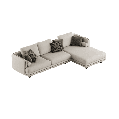 An L-shaped sectional sofa featuring a right-hand facing chaise lounge, upholstered in a light, neutral-toned fabric. The design is contemporary, characterized by clean lines, rounded edges on the arms and back, and distinctive dark contrast piping tracing the seams along the base, arms, and back cushions. The sofa sits on short, dark, tapered legs. It is adorned with several patterned throw pillows in contrasting dark grey and brown tones, adding visual interest to the minimalist base. — 3D model (AI enhanced source)