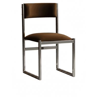 An armless dining chair featuring a minimalist design with a polished metal frame and upholstered seat and back. The frame consists of tubular metal forming a sled base, providing a sleek, contemporary aesthetic. The seat and backrest are upholstered in a dark brown, smooth fabric. — 3D model (AI enhanced source)