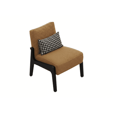 An armless lounge chair featuring camel-colored textured upholstery and a contrasting dark, minimalist frame, complete with a geometric patterned accent pillow. — 3D model (AI enhanced source)