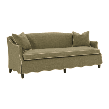 A three-seater sofa with a curved back and flared arms. It features a tailored skirt with a scalloped hem and is accented with contrast piping along the edges of the cushions, arms, and skirt. Two matching throw pillows are placed on the sofa. The sofa is elevated by four dark, block-style legs. — 3D model (AI enhanced source)