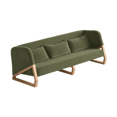 A contemporary three-seater sofa upholstered in a soft green fabric, featuring a distinctive open angular wooden frame that serves as its base and side supports. — 3D model (AI enhanced source)