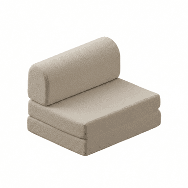 A neutral-toned, beige modular foam chair, constructed from multiple foldable sections, upholstered in a textured fabric. The item is configured as a low-profile chair with a distinct rounded cylindrical backrest positioned atop two stacked, rectangular base sections. — 3D model (AI enhanced source)