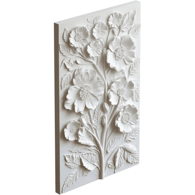 A rectangular, white decorative wall panel featuring a high-relief sculpture of blossoming flowers and leaves. — 3D model (AI enhanced source)