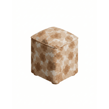 A square, upholstered ottoman featuring an abstract mottled pattern in shades of brown and beige, supported by small, discreet feet. — 3D model (AI enhanced source)