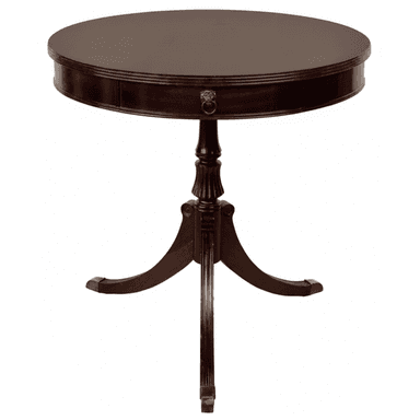 A dark-stained wooden round pedestal table, likely mahogany, featuring a single shallow drawer in its apron with an ornate brass lion's head pull. The table stands on a carved and fluted central pedestal, supported by three splayed legs terminating in brass sabots. — 3D model (AI enhanced source)