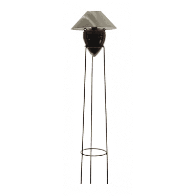 A tall, slender floor lamp featuring a dark, spherical main body, a light-colored conical shade, and a minimalist tripod base constructed from thin metal rods. A circular ring connects the base rods towards the bottom for stability. — 3D model (AI enhanced source)