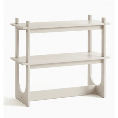 A minimalist two-tier shelving unit with a light beige painted finish, featuring integrated vertical supports and distinctive arched cutouts on the lower side panels. — 3D model (AI enhanced source)