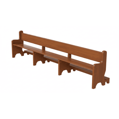 A long, traditional wooden bench with a high backrest and an integrated lower shelf, finished in a medium brown tone. The bench features multiple vertical support legs with decorative arched cut-outs at the base, providing stability and a classic aesthetic. Its simple yet robust construction suggests suitability for communal seating environments. — 3D model (AI enhanced source)