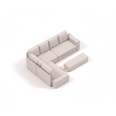 A light beige, modular L-shaped sectional sofa with an accompanying detached ottoman, presented as a 3D render on a white background. The design is contemporary and minimalist, featuring clean lines and simple block forms for the cushions, backrests, and armrests. — 3D model (AI enhanced source)