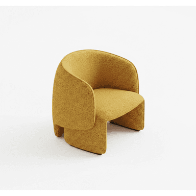 An upholstered lounge chair featuring a continuous, curved, monolithic form, covered in a golden-yellow textured fabric, with no visible legs. — 3D model (AI enhanced source)